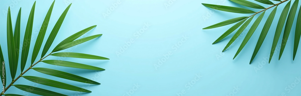 Poster elegant banner design featuring palm fronds on a serene blue background leaving ample space for text