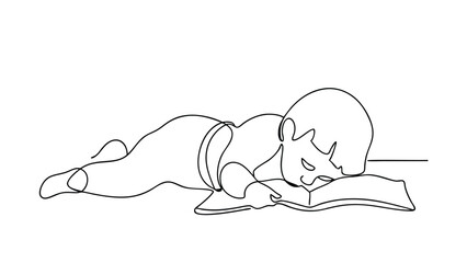 A singleline drawing depicts a child lying on the floor, engrossed in reading a book. The minimalist style emphasizes the childs focus and enjoyment of reading.