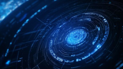 Futuristic technology digital holographic element with laser glow effect, arrow, callout border, and radar scanning in dark and light blue tones, symbolizing innovation and advanced data analysis