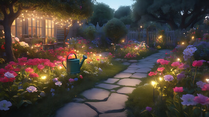 Beautiful flower garden path illuminated with lights and a watering can in a cozy setting