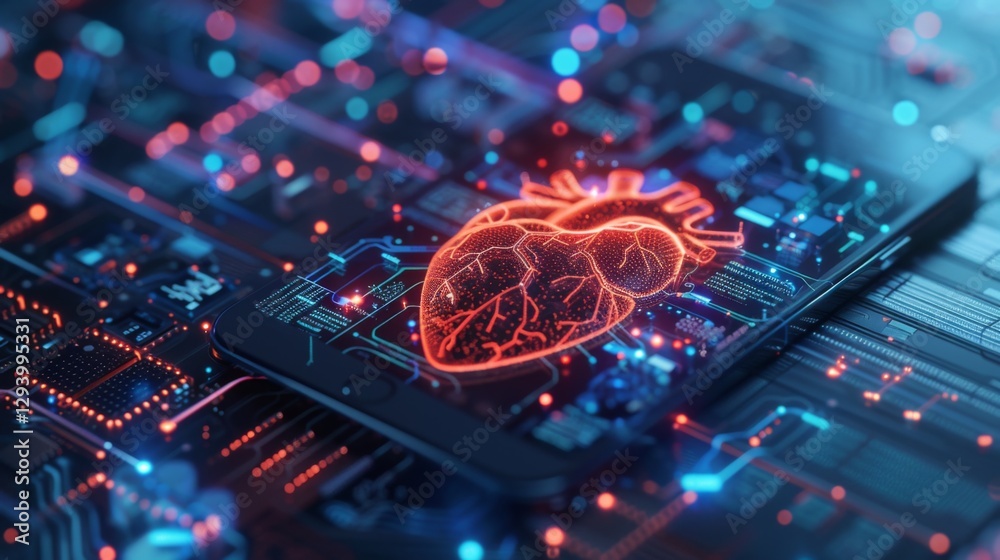 Poster A glowing digital heart is featured on a smartphone screen, surrounded by vibrant circuit patterns, illustrating the intersection of technology and healthcare in modern society.