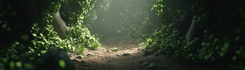Fototapeta premium Lush Forest Path, Sunlight, Peaceful Scene, Nature