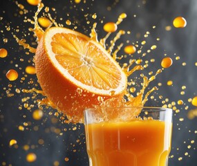 Sliced orange splashing into a glass full of juice