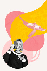 Vertical art image photo collage of excited girl blogger hold heart icon affection banana fruit nutrition ripe tropical diet