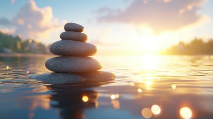 Zen stones balance on water at sunset