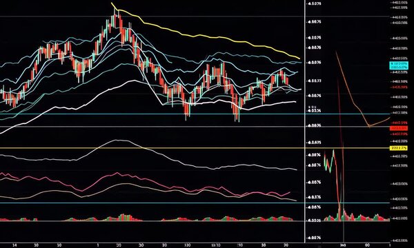 Financial market analysis chart displaying price trends, indicators, and volatility measures