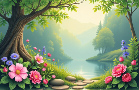 Ein Idyllischer Hintergrund Mit Natur Elementen Wie Blumen Und B&auml;umen Kann Eine Perfekte Kulisse F&uuml;r Fotos Oder Gem&auml;lde Bieten.