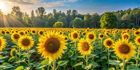 Fototapeta premium Sunflower field on a warm summer day with tall trees in the background , sunflowers, green trees