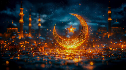 A golden crescent moon and star illuminate a cityscape with mosques under a dark, mystical sky
