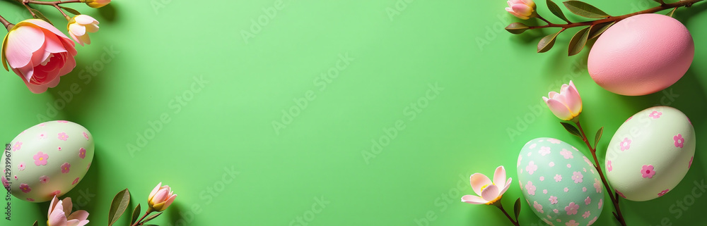 Aufkleber easter table setting features eggs and floral decor on a vibrant green background in a stylish flat 