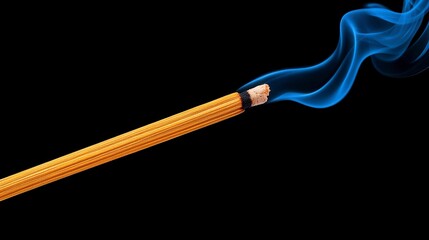 Fototapeta premium Burning incense stick with blue smoke against a black background. Golden yellow corn like texture of the incense. Studio shot