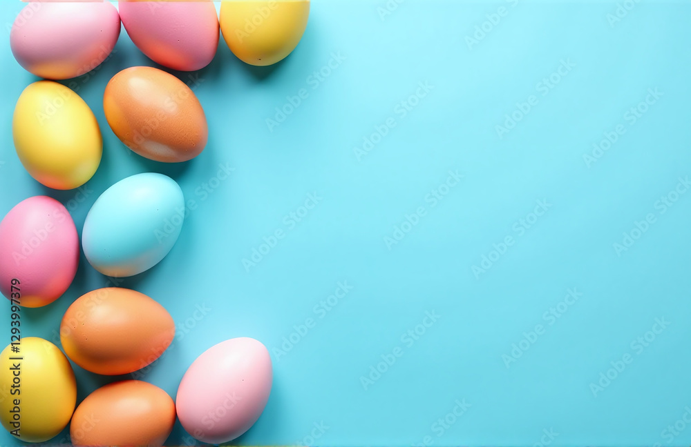 Aufkleber Easter Eggs In Various Colors Are Arranged On A Blue Background For A Festive And Creative Flat Lay Design Concept.