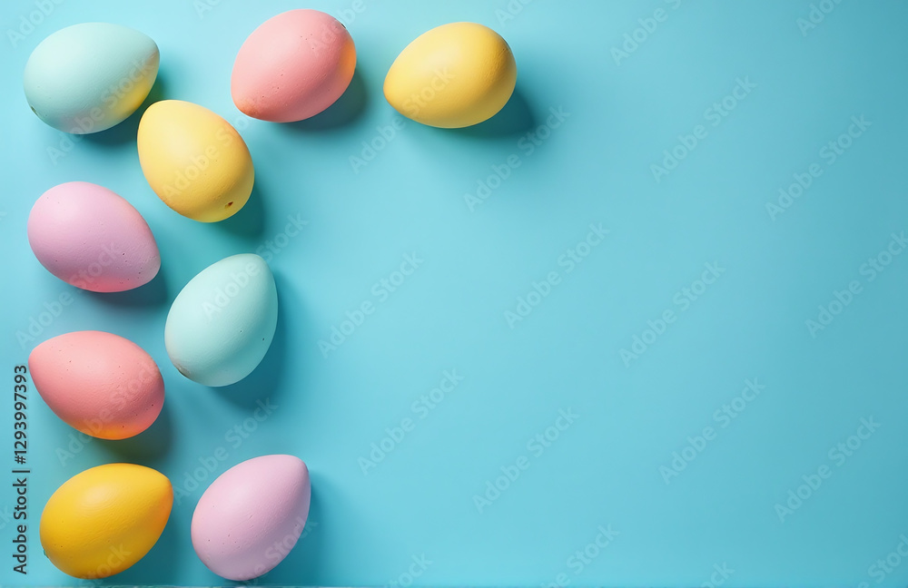 Poster easter eggs in various colors are arranged on a blue background for a festive and creative flat lay 