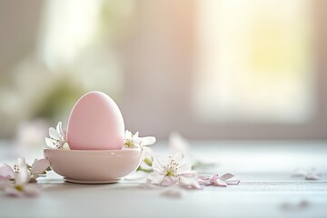 happy easter composition close-up single pastel pink easter egg in a ceramic holder with delicate flowers and petals on wooden table with blurred background