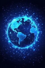 Digital world network concept with glowing earth globe and interconnected lines on dark blue background representing global connection