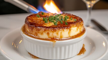 A golden brown gratin is flamb&eacute;ed with a kitchen torch, its rich sauce glistening. The dish sits in a white ramekin on a white plate, garnished with
