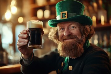 A cheerful man dressed as a leprechaun with a green hat and bow tie enjoys a pint of dark beer in a festive Irish pub. St. Patrick's Day concept background.