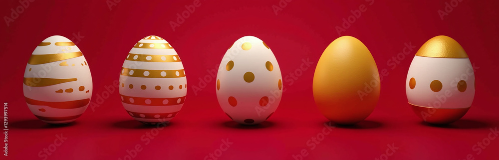 Aufkleber Easter Eggs In Gold And White Stripes And Dots Sit On A Dark Red Background With Empty Space Below Them.