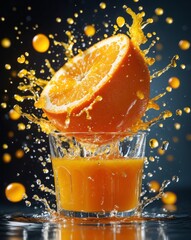Fresh orange slice plunges into glass creating vibrant juice splash