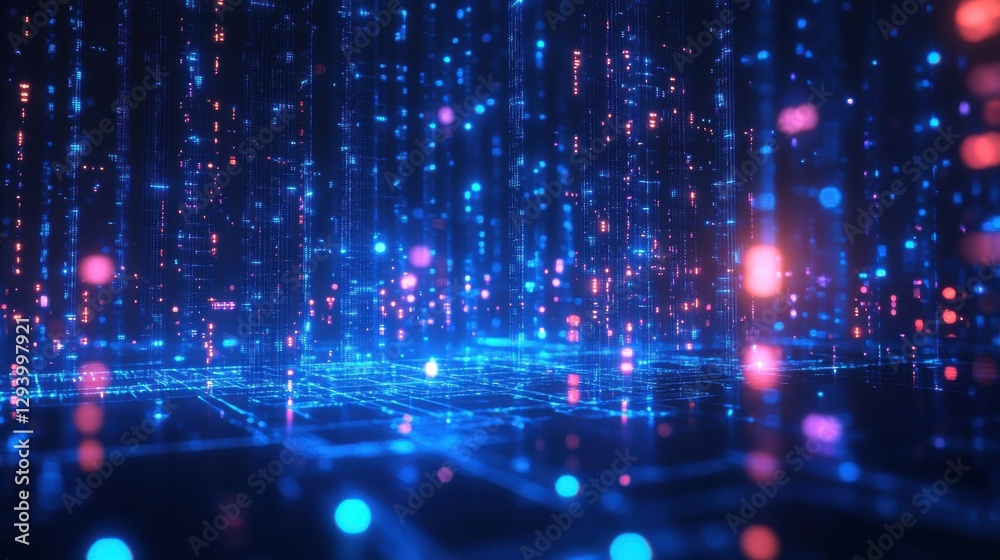 Poster futuristic digital data flow with neon particles and grid lines