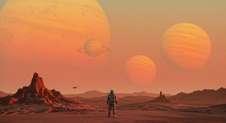 Fototapeta premium Solitary Astronaut on Alien Planet at Sunset