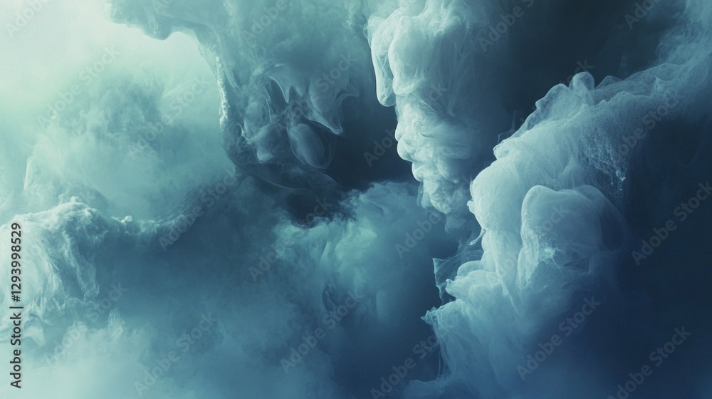 Poster Misty tendrils of vapor twist and turn in the early morning light, creating a captivating display of shapes and shadows that evoke a sense of mystery and tranquility