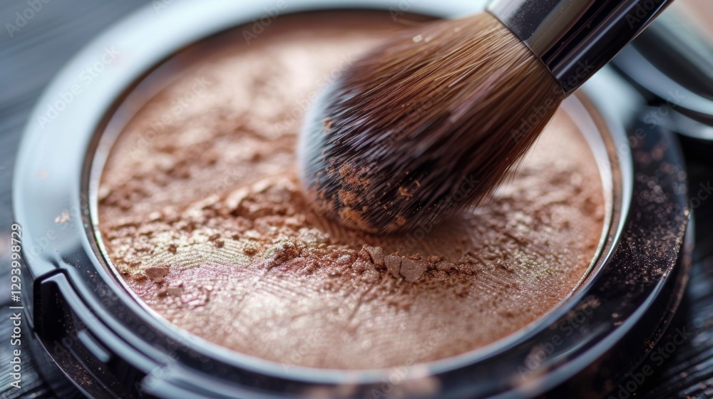 Poster a soft makeup brush swirls over a bronze powder compact, preparing for application. the setting is a