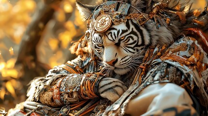 A regal tiger warrior wearing ornate garments stares intently ahead