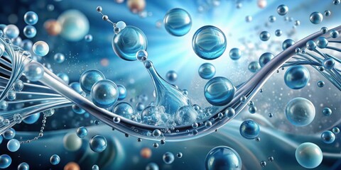 A liquid cosmetic essence floating on a DNA water splash background, surrounded by molecules in various shapes and sizes, suspended in mid-air like tiny orbs , dna water splash, molecular structure