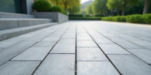 Fototapeta premium A Serene Pathway Light Gray Paving Stones Leading to a Tranquil Green Landscape with Steps and Lush Greenery