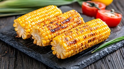 Grilled corn on the cob on dark stone plate with cherry tomatoes and green onions. Close up view of three grilled corn cobs, showing texture and char
