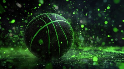 Where Sport Meets the Supernatural: A Dark Basketball Illuminated by Glowing Green Lines, Emerging from a Nebula of Mystical Energy