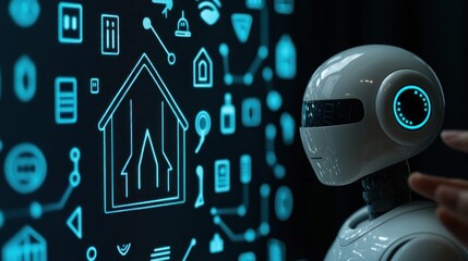 Innovative robot interacts with smart home technology futuristic setting digital art close-up view conceptual design