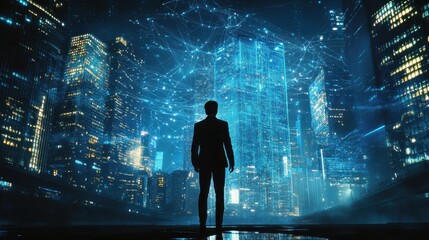 A vibrant night scene featuring a man standing confidently on a bustling city street, illuminated by neon lights.