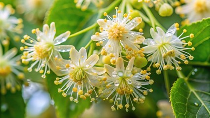 Close-up of small leaved linden flowers in full bloom, showcasing their delicate petals and vibrant colors, with a few dew drops glistening on the leaves , small leaf, close-up