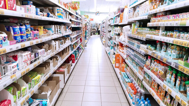 Russian Supermarket. Retail industry. Rack system. Shopping. Aisle. Grocery store. Shelves with products, baby food, hygiene items. Cpg. Super mart. Health. St. Petersburg, Russia - September 22, 2023