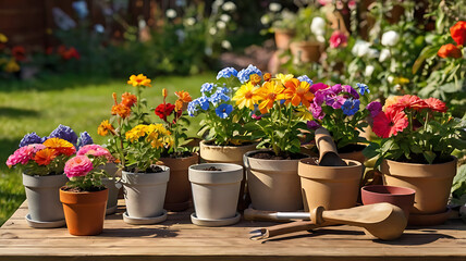 Colorful potted flowers on a wooden table with gardening tools in a sunny garden setting