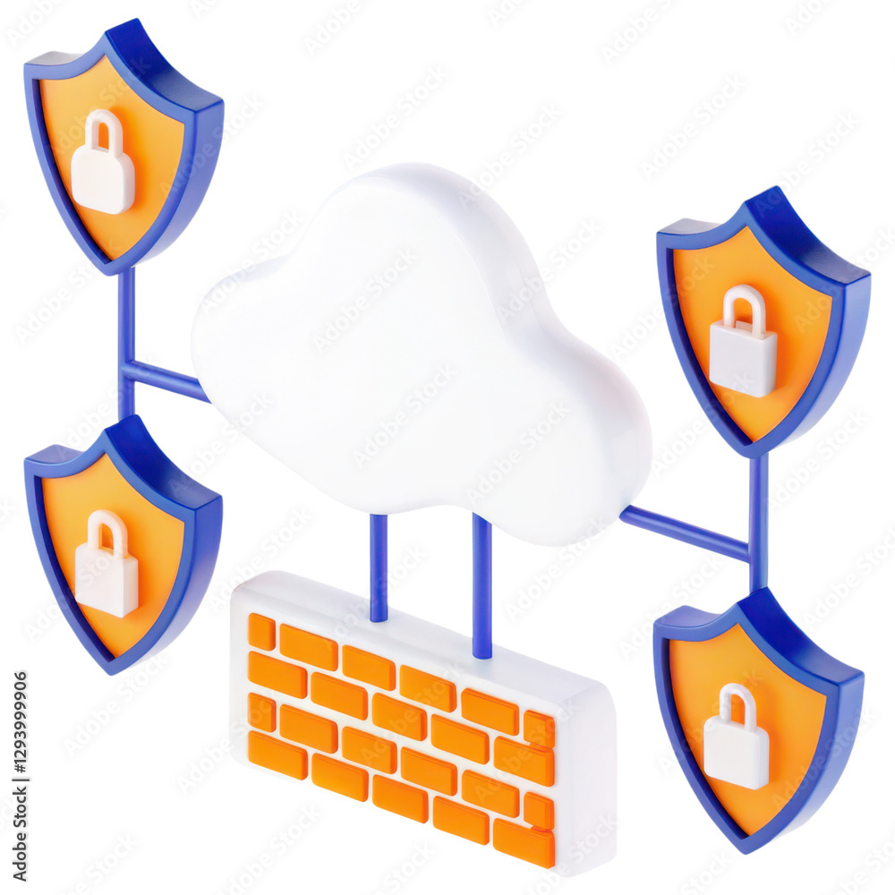 Poster cloud security concept with shields and a firewall in a digital environment.