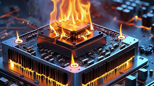 Overheated CPU on Fire with Flames and Smoke in a Computer Motherboard Causing System Failure and Hardware Damage

