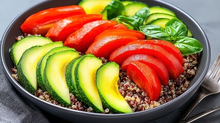 Vibrant healthy quinoa bowl with roasted red tomatoes, sliced avocado, and zucchini. Fresh basil garnish adds color and flavor. Dark gray bowl