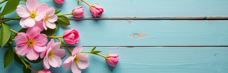 Obraz premium Delicate Spring Blooms Adorn Worn Wooden Planks With A Touch Of Nostalgia And Simplicity In A Quaint Scene.