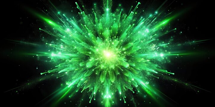 Vibrant artificial green explosion on a dark black background with a metallic sheen