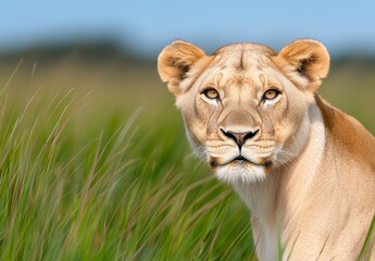 Obraz premium A lioness, light tan in color, gazes intently at the viewer from amidst tall, dew kissed green grass. The background is softly blurred, showcasing a