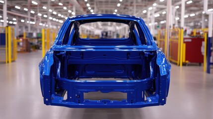 Obraz premium Car frame in blue color at manufacturing facility