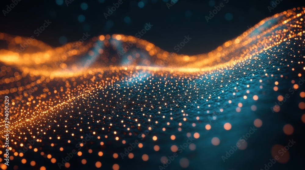 Wall mural abstract glowing waves with colorful dots in a dark background