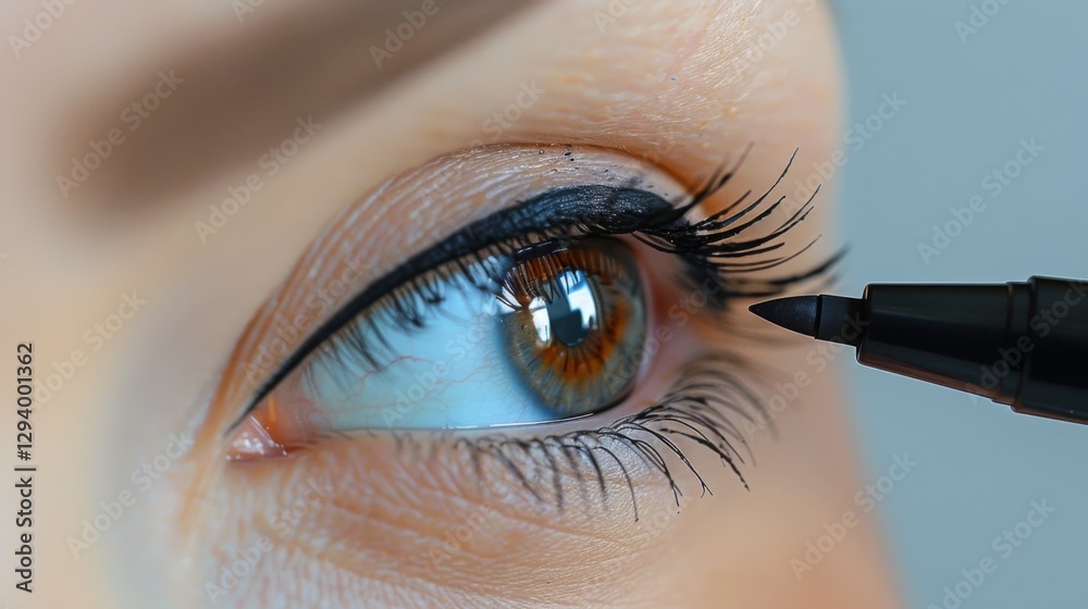Poster a detailed view of a person's eye as eyeliner is being applied, showcasing the intricate process of 