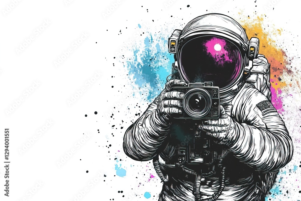 Wall mural ink sketch postcard of an astronaut in a spacesuit and helmet taking photographs with an old retro c