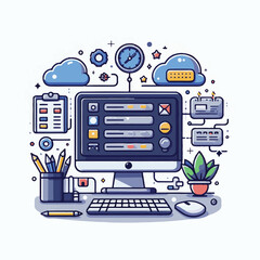 computer, business, digital, technology, communication, laptop, design, office, web, internet, tech, work, vector, modern, employee, pc, monitor, information, device, desk, online, desktop, isolated, 