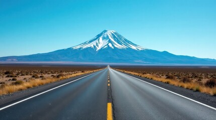 Asphalt Pathway Leading to a Majestic Snow-Capped Mountain Peak Under a Vivid Blue Sky