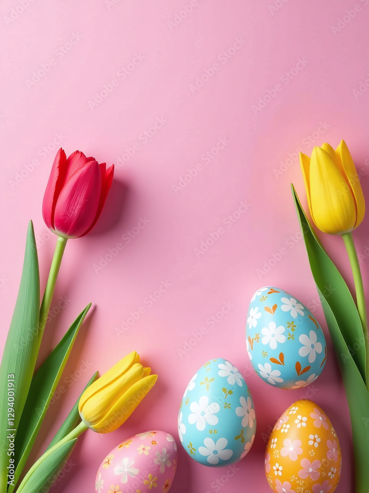 Poster Decorated Eggs Are Placed On A Pink Paper Background Featuring Tulips In A Colorful Easter Scene Design.